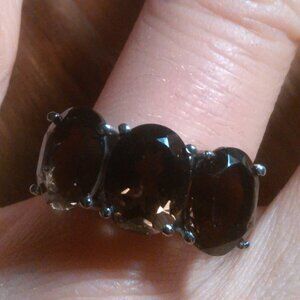 Brazilian Smokey Quartz Three Stone Stainless Steel Ring (Size 7)